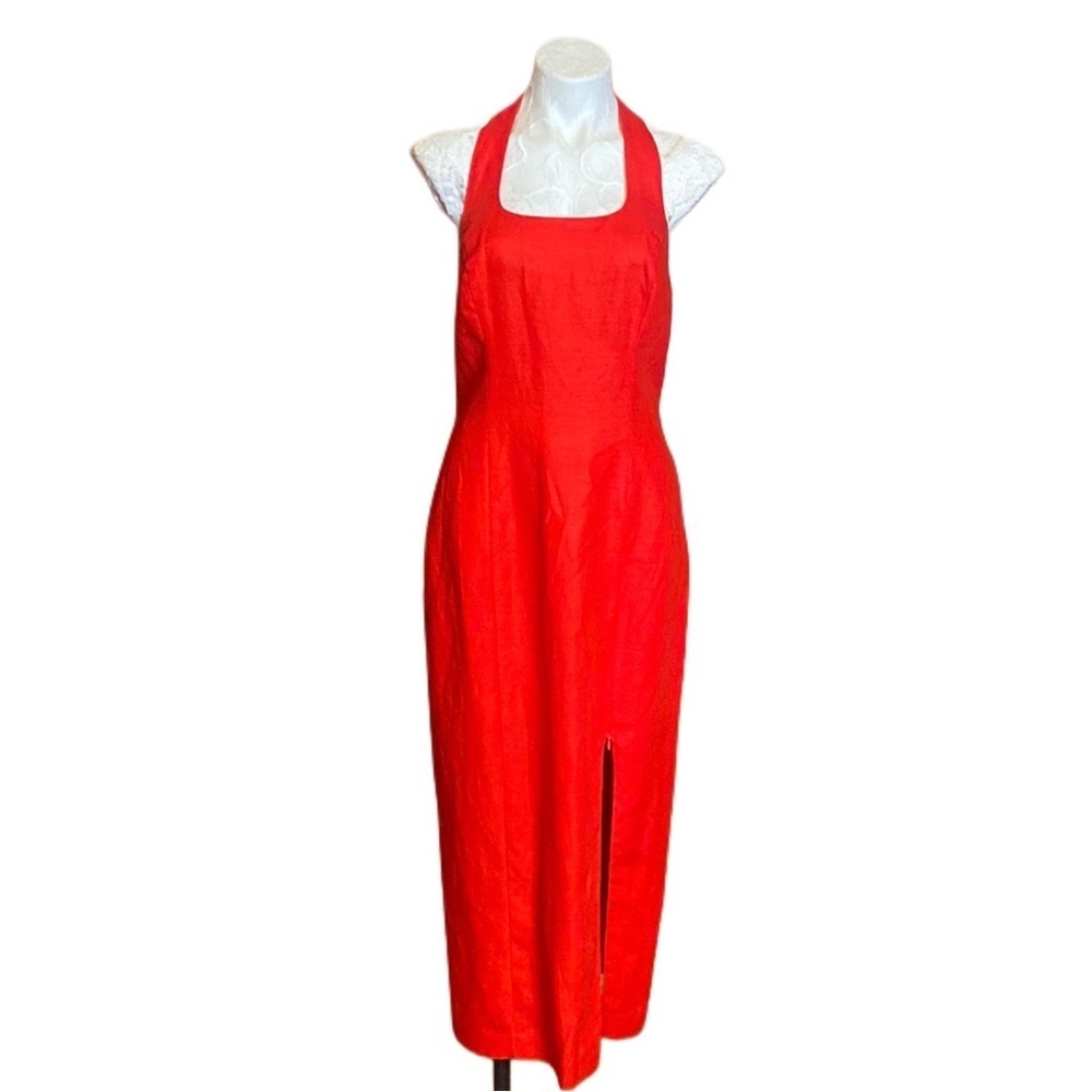 VTG 80s Geary Roark Kamisato Red Linen blend Backless Halter Maxi Dress sz 12 - Picture 3 of 13